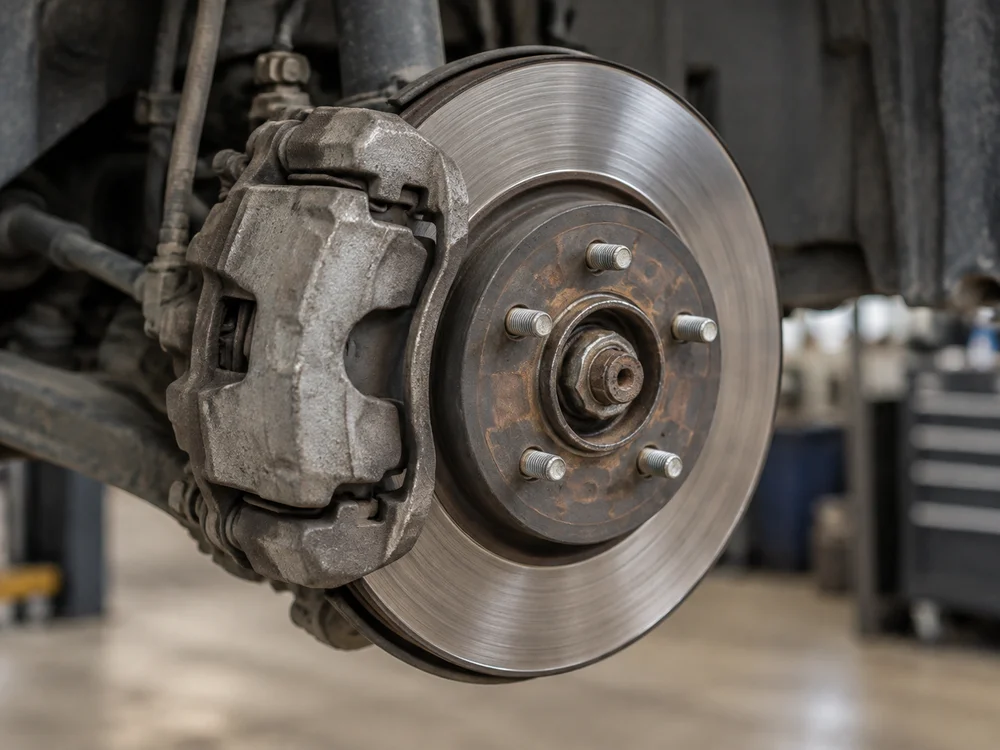 Brake rotor and caliper with the wheel removed